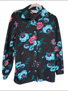 70s Vintage Colorful Floral Button-Down Shirt - Black with Blue & Pink Print